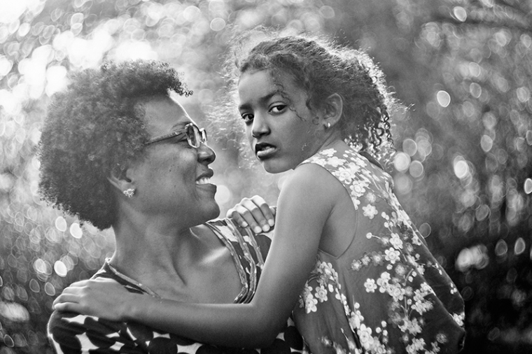 black and white mother daughter portrait