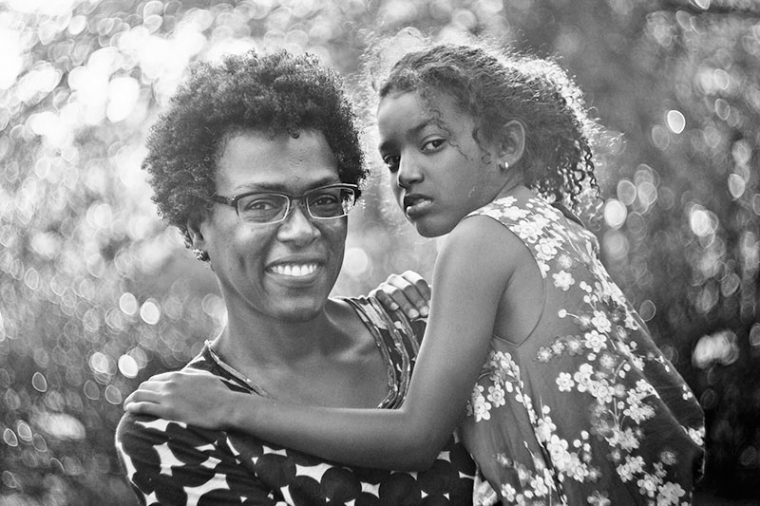 black and white mother daughter portrait