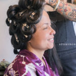 bride getting hair done on wedding day #weddingday #kimono #hair